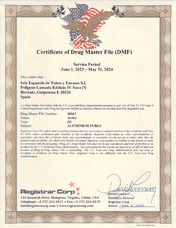 Téléchargez le pdf du Certificate of Drug Master (DMF)