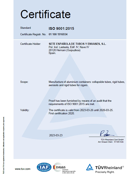 Download pdf of the UNE EN ISO 9001/2015 certificate