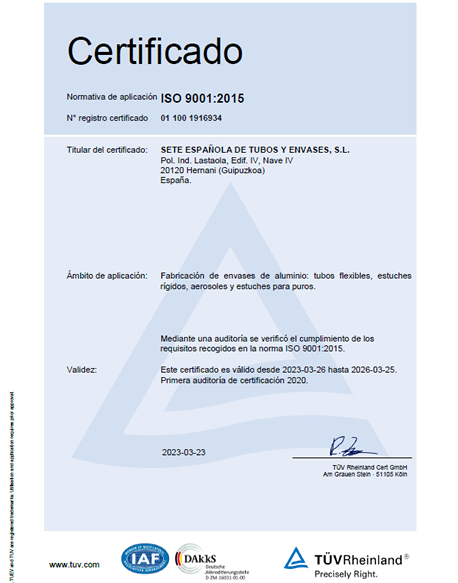 Descarga en pdf el certificado de calidad UNE EN ISO 9001/2015
