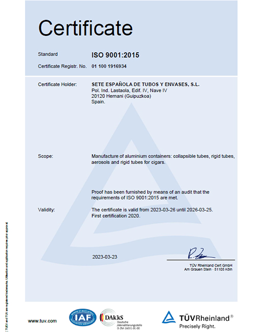 Téléchargez le pdf du certificat de qualité UNE EN ISO 9001/2015